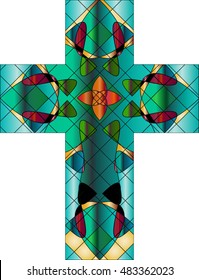 Christian cross, colorful stained glass style vector illustration.