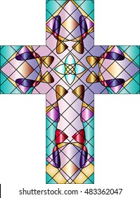 Christian cross, colorful stained glass style vector illustration.