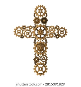 A Christian cross constructed entirely from interlocking gears and cogs, showcasing a unique steampunk aesthetic.