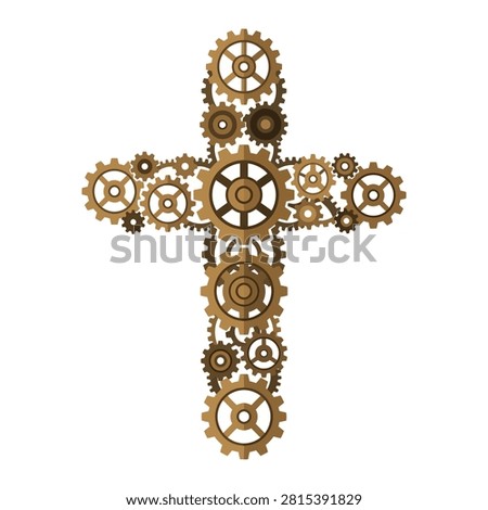 A Christian cross constructed entirely from interlocking gears and cogs, showcasing a unique steampunk aesthetic.