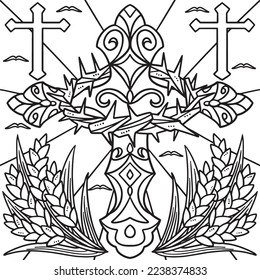 Christian Cross with Crown of Thorns Coloring Page