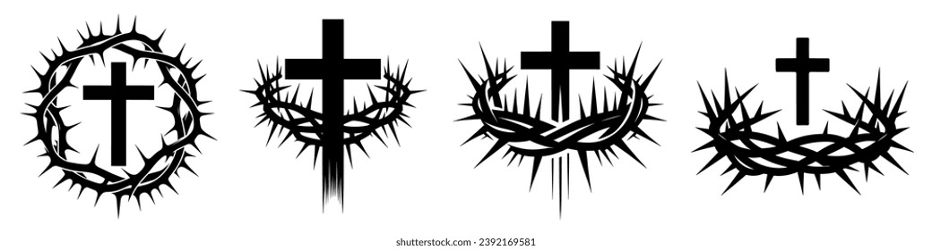 Christian cross with crown of thorns icon. Set of black silhouettes of a Christian symbols. Crucifixion of Jesus Christ. Vector illustration