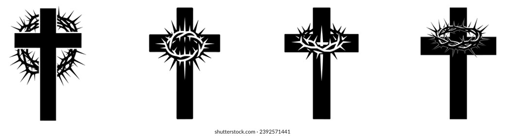 Christian cross with crown of thorns icon. Set of black silhouettes of a Christian symbols. Crucifixion of Jesus Christ. Vector illustration