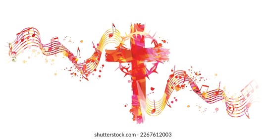 Christian cross with Crown of Thorns and musical notes stave isolated. Vector illustration. Religion themed design for Christianity and church service. Church choir background. Sacrifice concept