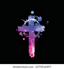 Christian cross with Crown of Thorns in purple color shades, vector illustration. Religion themed design for Christianity and church service. Wreath of thorns concept for sacrifice. Endurance symbol