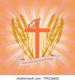 Christian cross with a crown of thorns in wheat ears. The Christian logo symbolizes the salvation of man through Jesus Christ. Bright vector illustration in several color shades.