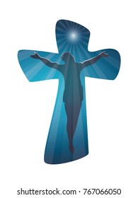 Christian cross with crucified jesus on blue background. Crucifix. Silhoutte jesus. Crucifixion. Religious sign. Multiple exposure
