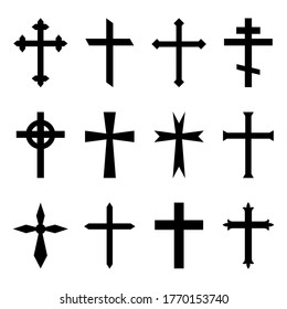 Christian cross. Crucifix icon. Black catholic symbol. Gothic religious silhouette for church of Jesus. Set of orthodox crosses on white background. Logo of faith, holy, resurrection. Vector.