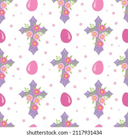 Christian cross decorated with bright colorful flowers and eggs. Easter theme background. Flat design. Religious abstract floral wallpaper. Vector illustration. 