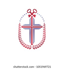 Christian Cross decorative emblem composed with security keys. Heraldic vector design element. Retro style logo, religious vintage symbol. Faith is a key to salvation.