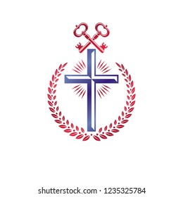 Christian Cross decorative emblem composed with security keys. Heraldic vector design element. Retro style logo, religious vintage symbol. Faith is a key to salvation.