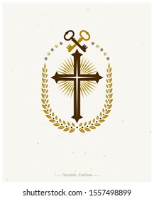 Christian Cross decorative emblem composed with security keys. Heraldic vector design element. Retro style logo, religious vintage symbol. Faith is a key to salvation.