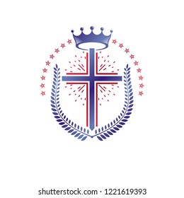 Christian Cross decorative emblem. Heraldic vector design element composed with laurel wreath and imperial crown. Retro style label, heraldry logo, religious vintage symbol.