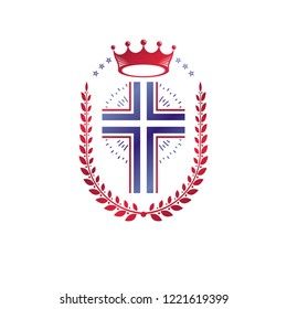 Christian Cross decorative emblem. Heraldic vector design element composed with laurel wreath and imperial crown. Retro style label, heraldry logo, religious vintage symbol.