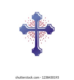 Christian Cross decorative emblem. Heraldic vector design element. Retro style label, heraldry logo, religious vintage symbol.