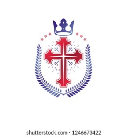 Christian Cross decorative emblem. Heraldic vector design element composed with laurel wreath and imperial crown. Retro style label, heraldry logo, religious vintage symbol.