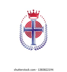 Christian Cross decorative emblem. Heraldic vector design element composed with laurel wreath and imperial crown. Retro style label, heraldry logo, religious vintage symbol.