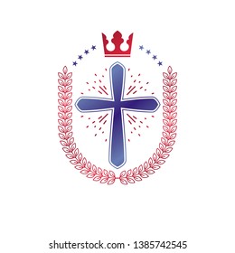 Christian Cross decorative emblem. Heraldic vector design element composed with laurel wreath and imperial crown. Retro style label, heraldry logo, religious vintage symbol.