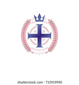 Christian Cross decorative emblem. Heraldic vector design element composed with laurel wreath and imperial crown. Retro style label, heraldry logo, religious vintage symbol.