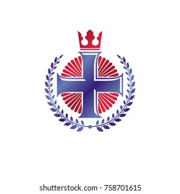Christian Cross decorative emblem. Heraldic vector design element composed with laurel wreath and imperial crown. Retro style label, heraldry logo, religious vintage symbol.