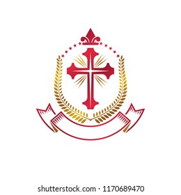 Christian Cross decorative golden emblem. Heraldic vector design element composed using laurel wreath and luxury ribbon. Retro style label, heraldry logo, religious vintage symbol.