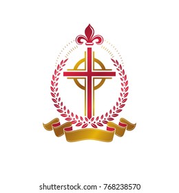 Christian Cross decorative golden emblem. Heraldic vector design element composed using laurel wreath and luxury ribbon. Retro style label, heraldry logo, religious vintage symbol.