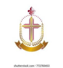 Christian Cross decorative golden emblem. Heraldic vector design element composed using laurel wreath and luxury ribbon. Retro style label, heraldry logo, religious vintage symbol.