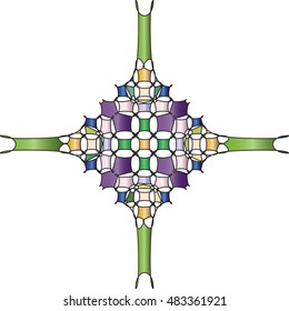 Christian cross, decorative ornamental colorful stained glass style vector illustration, green and purple tones, isolated on white background.