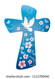 Christian cross with dove - flowers and butterfly on blue background