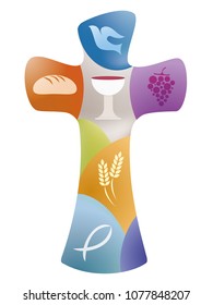 Christian cross with dove, grape, chalice, bread, ears of wheat and fish on colored background