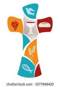 Christian cross with dove, grape, chalice, bread, ears of wheat and fish on colored background