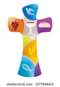 Christian cross with dove, grape, chalice, bread, ears of wheat and fish on colored background
