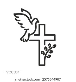 christian cross with dove icon, easter concept, thin line web symbol on white background - editable stroke vector illustration eps10