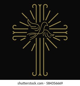 Christian cross with the dove in line style isolated on white background. Vector illustration