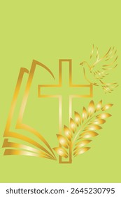 Christian cross, a dove symbol of the spirit and  palm branch with a golden gradient on a green background.Isolated; close-up.The design element
