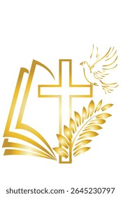 Christian cross, a dove symbol of the spirit and  palm branch with a golden gradient on a white background.Isolated; close-up.The design element