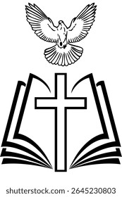 Christian cross and dove - symbol of the spirit on the background of an open book on a white background in black.Isolated; close-up.The design element