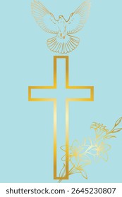 Christian cross; a dove symbol of the spirit and lilies with a golden gradient on a blue background.Isolated; close-up.The design element