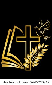 Christian cross, a dove symbol of the spirit and  palm branch with a golden gradient on a black background.Isolated; close-up.The design element