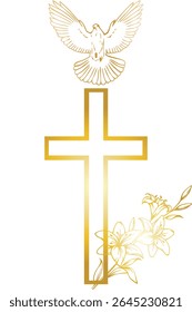 Christian cross; a dove symbol of the spirit and lilies with a golden gradient on a white background.Isolated; close-up.The design element