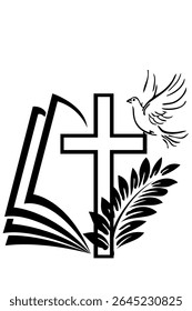 Christian cross, a dove symbol of the spirit and  palm branch  a black on a white background.Isolated; close-up.The design element