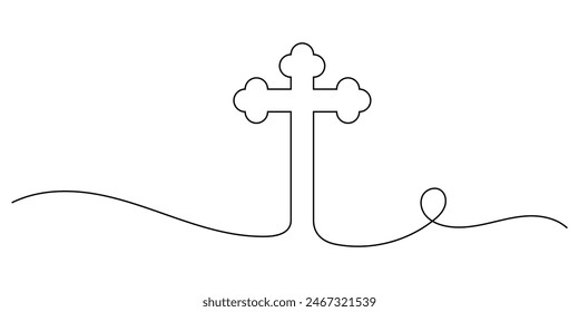 Christian cross drawing one continuous line. free hand drawn outline line art minimalism style. editable stroke.