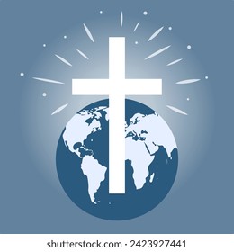 Cruz cristiana y Globe terrestre, misión religiosa global, organización religiosa. Blanco y azul. Ilustración vectorial eps10