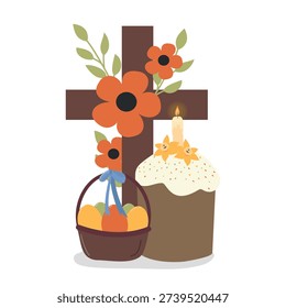 Christian cross with Easter cake,and basket with eggs. Vector illustration