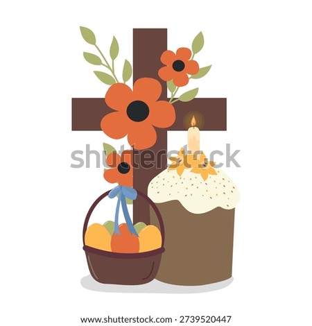 Christian cross with Easter cake,and basket with eggs. Vector illustration
