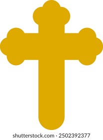 Christian cross flat icon in golden yellow color for religion, prayer, faith, church, Jesus, God theme. Simple, editable EPS vector, clip art graphic resource.