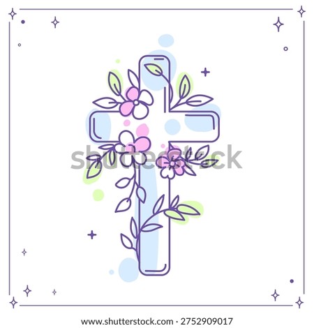 Christian cross with floral botanical elements line art style symbol of faith spirituality religion hope and church design suitable for greeting cards invitations posters and religious themes.Vector