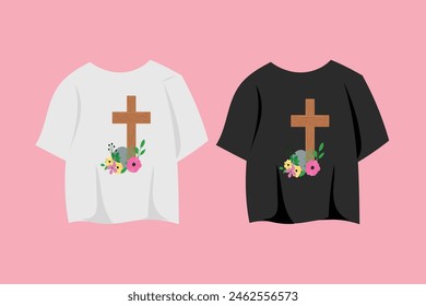 christian cross with floral leaf on tshirt layout design