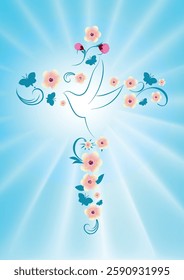 Christian cross with flowers and abstract dove. Christian symbol. Blue background with bright rays. Easter. Symbol of purity. Christian faith. Baptism. Holy Spirit. Evangelization. Poster