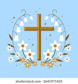 Christian Cross with flowers. Design for Easter, Epiphany, Christening, invitations, postcards, packagin
